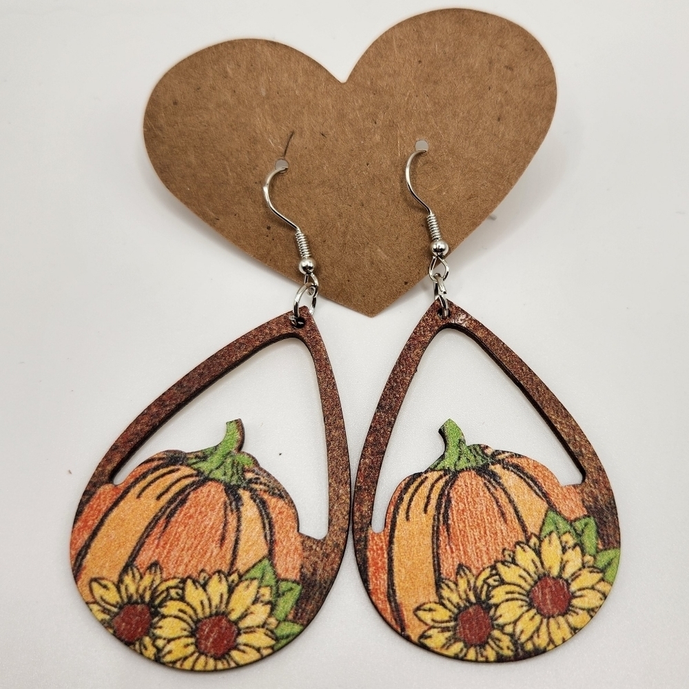 Wooden pumpkin sunflower earrings
